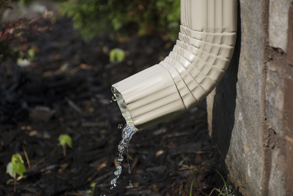 A rain gutter downspout with water coming out from the side, with a flower bed in the background. Shallow Depth of Field.