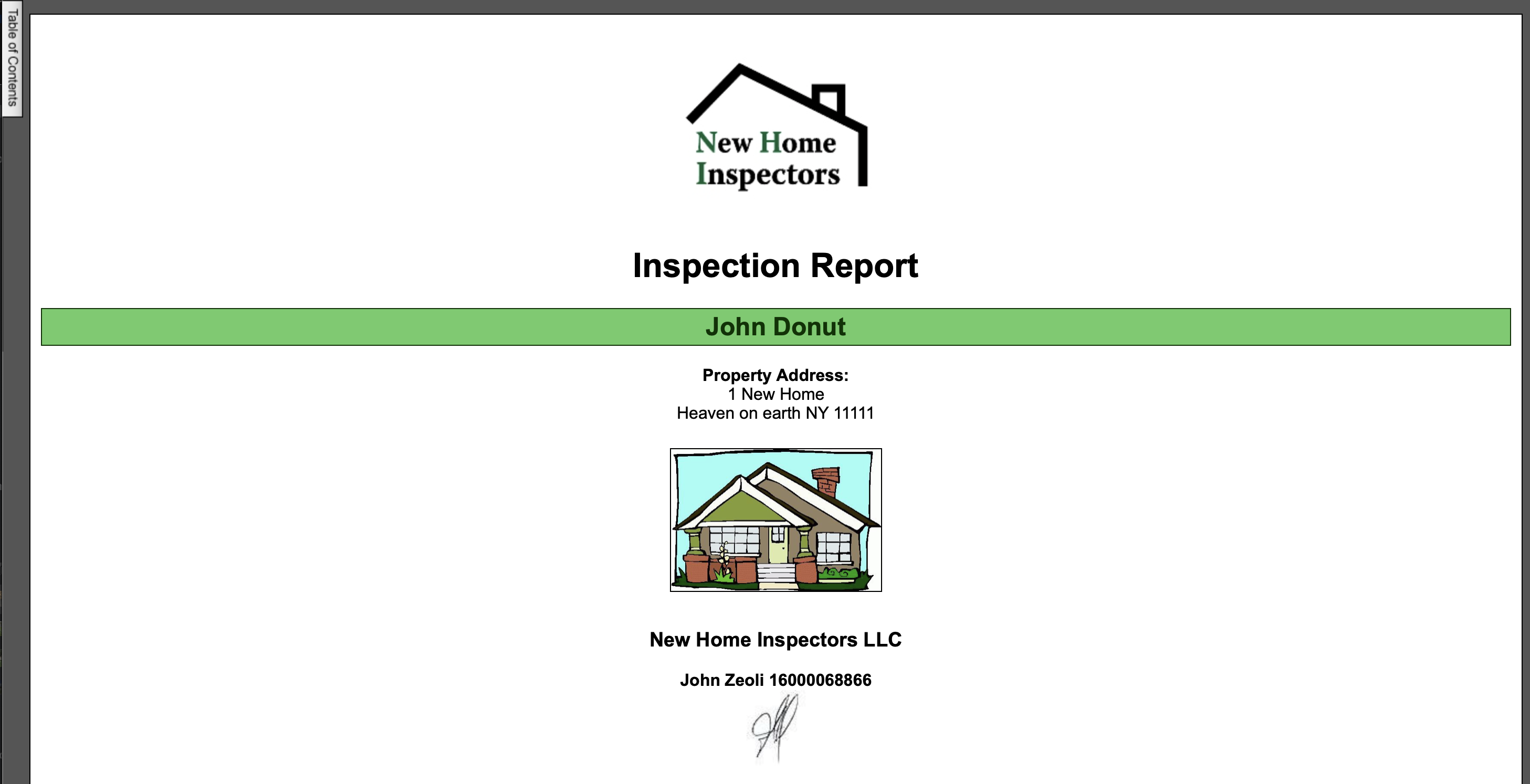 screenshot of the opening of the home inspection report