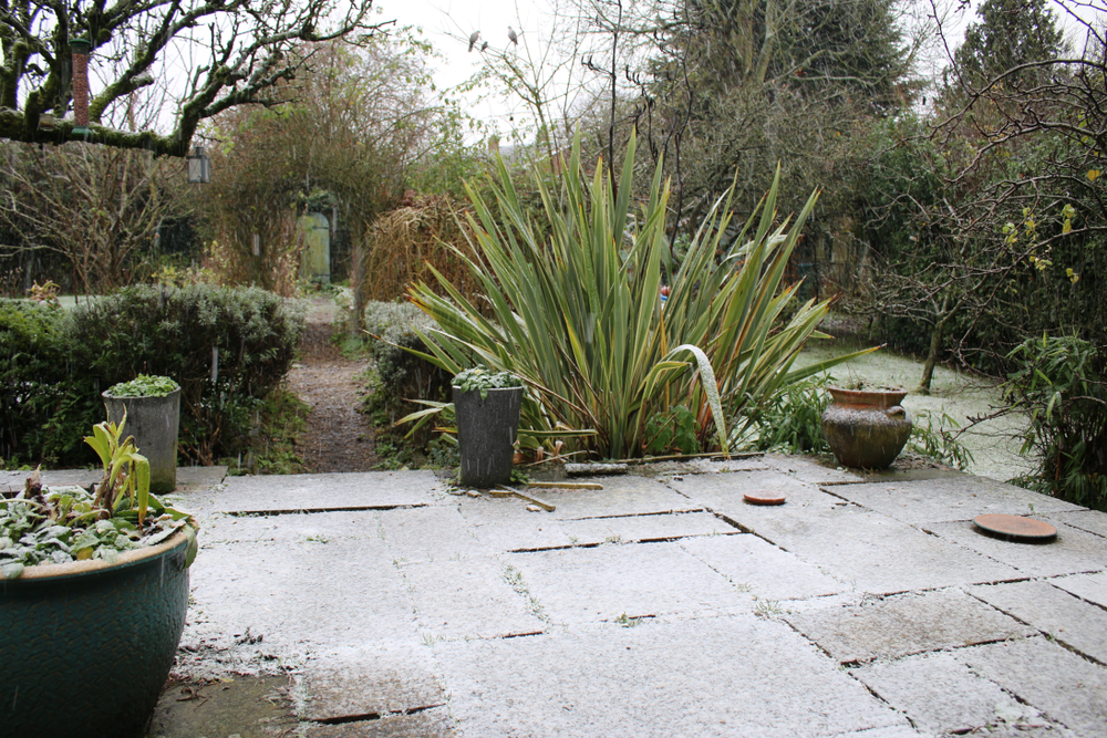 Snow scene looking from a stone patio which is uneven due to freeze thaw cycle 